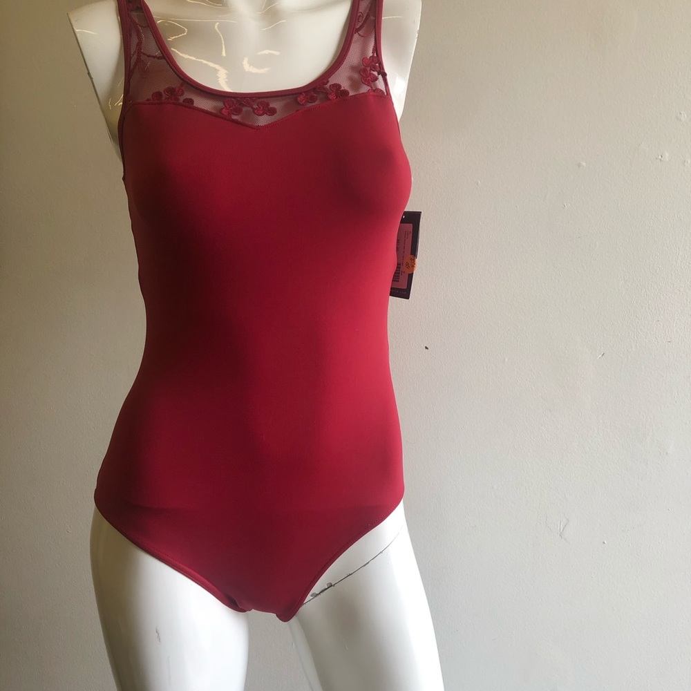 Red Lace Button-Back Dance Leotard